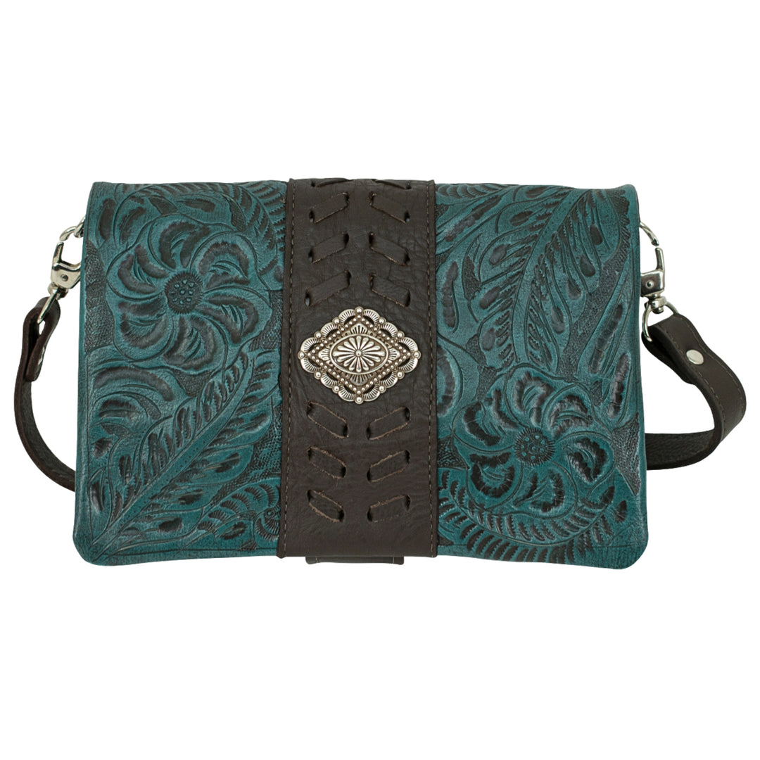 Grab and Go crossbody foldover wallet/crossbody in dark turquoise with hand tooled leather accents and concho