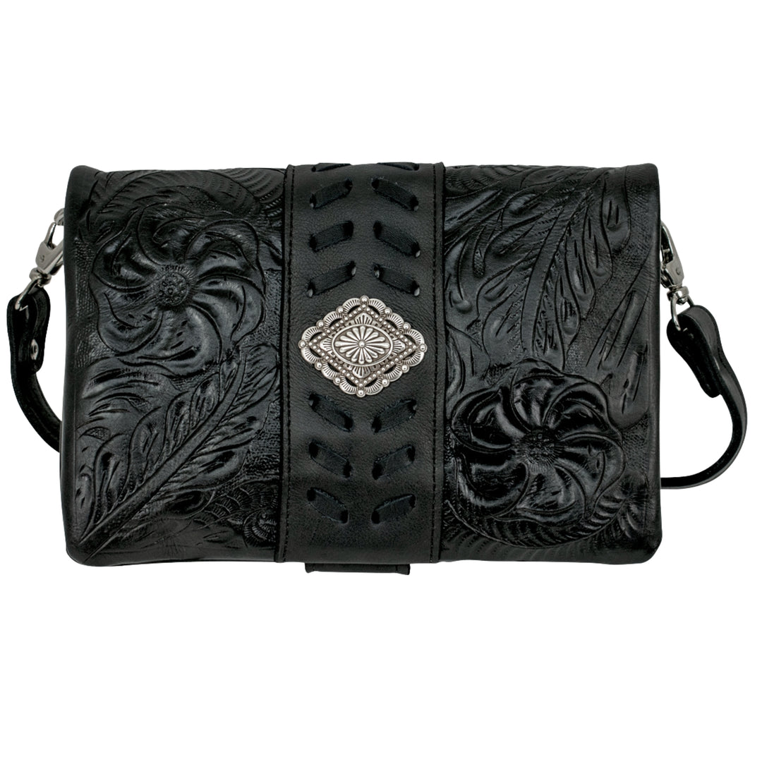 Grab and Go crossbody foldover wallet/crossbody in black with hand tooled leather accents and concho