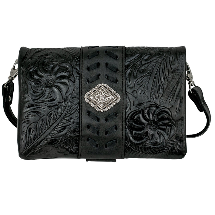 Grab and Go crossbody foldover wallet/crossbody in black with hand tooled leather accents and concho