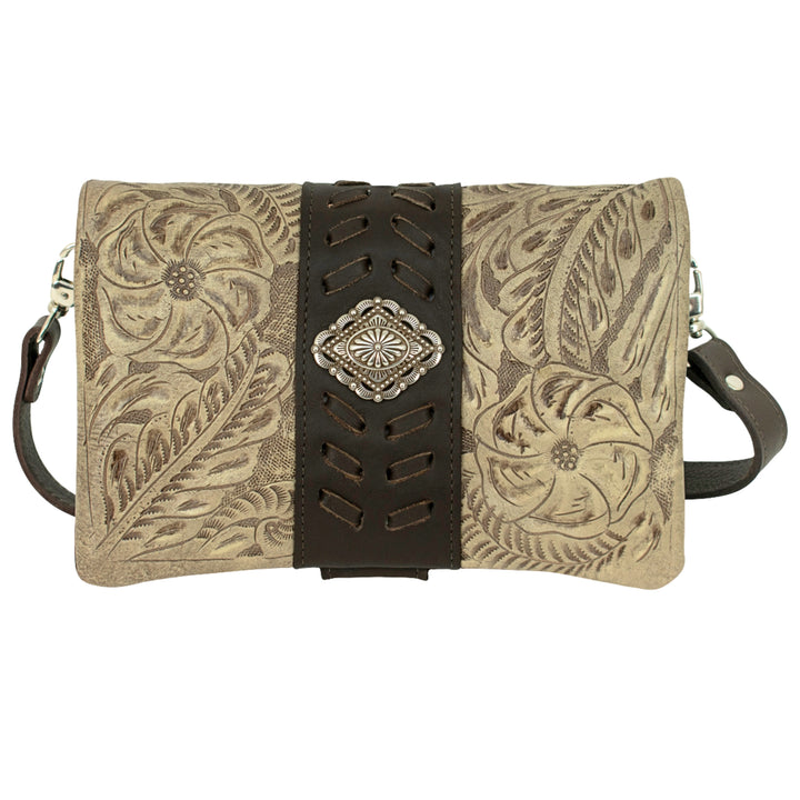 Grab and Go crossbody foldover wallet/crossbody in sand with hand tooled leather accents and concho