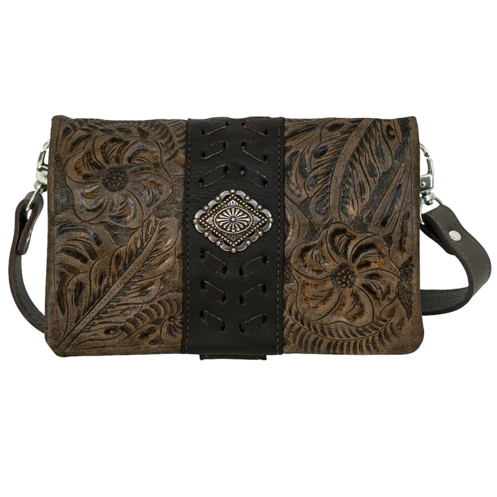 Grab and Go crossbody foldover wallet/crossbody in distressed charcoal brown with hand tooled leather accents and concho