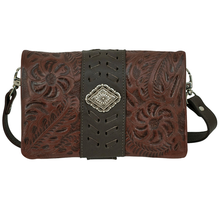 Grab and Go crossbody foldover wallet/crossbody in dark brown with hand tooled leather accents and concho