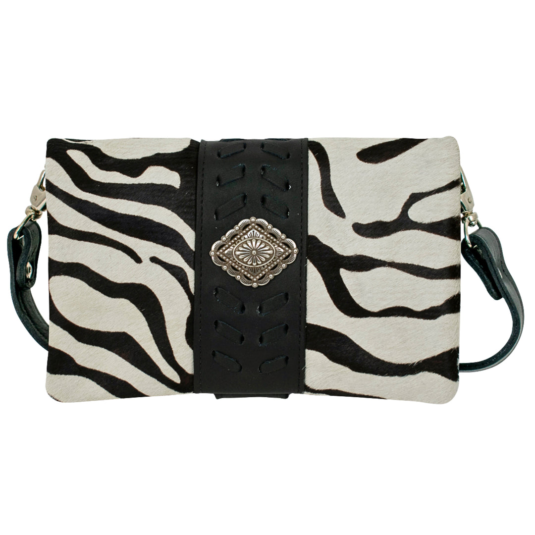 Grab and Go crossbody foldover wallet/crossbody in zebra hair-on with hair-on hide leather accents