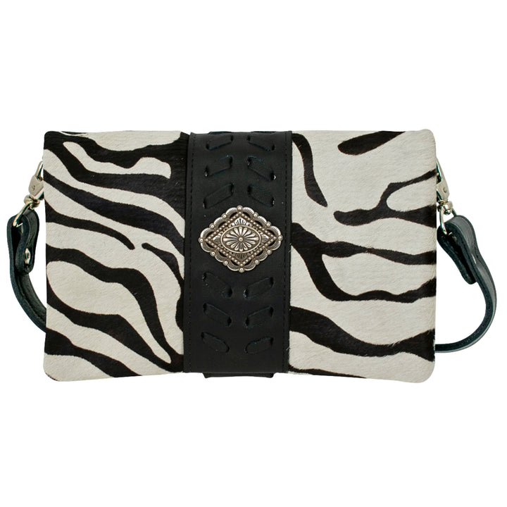 Grab and Go crossbody foldover wallet/crossbody in zebra hair-on with hair-on hide leather accents