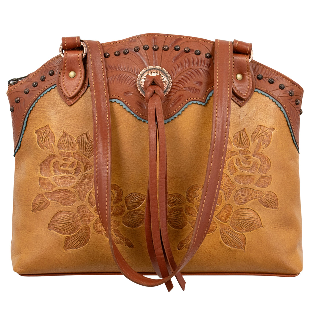 Texas Rose tote in natural tan with hand tooled leather accents and bolo concho with tassel