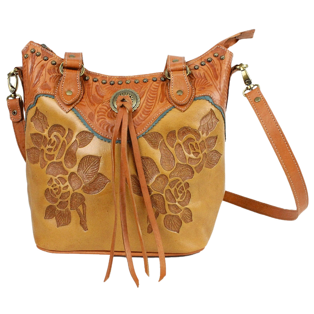 Texas Rose bucket tote in natural tan with hand tooled leather accents and bolo concho with tassel