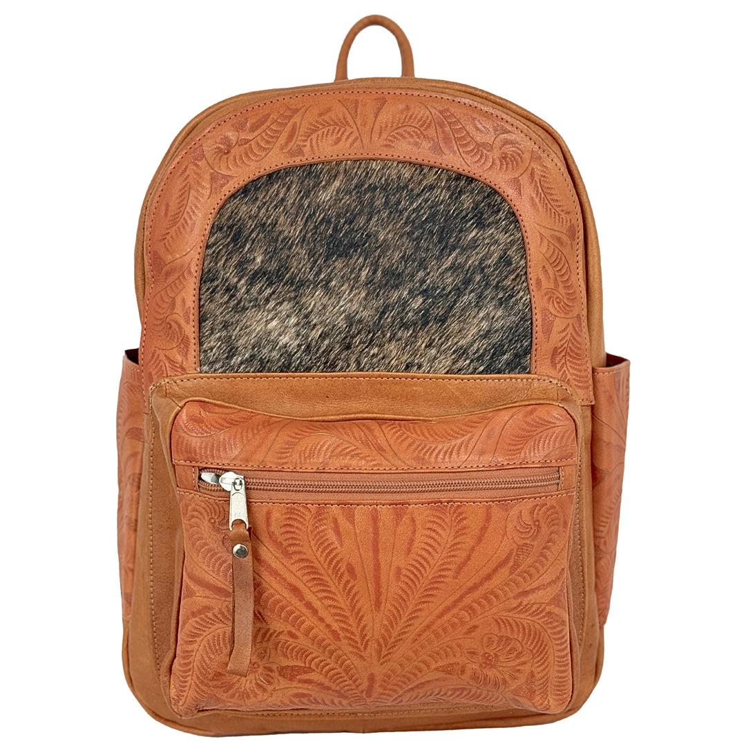 Classic Travel backpack with hair-on hide in natural tan with hair-on hide accent and hand tooled leather trim