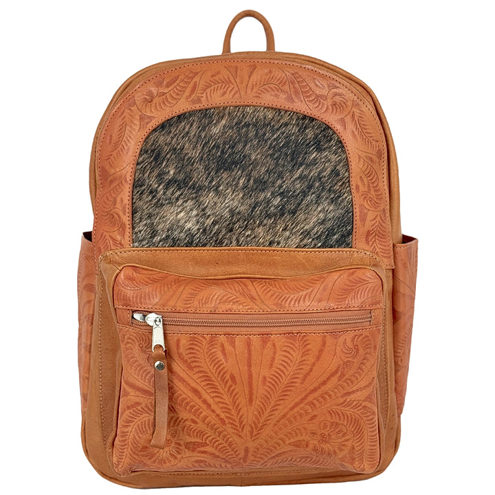 Classic Travel backpack with hair-on hide in natural tan with hair-on hide accent and hand tooled leather trim