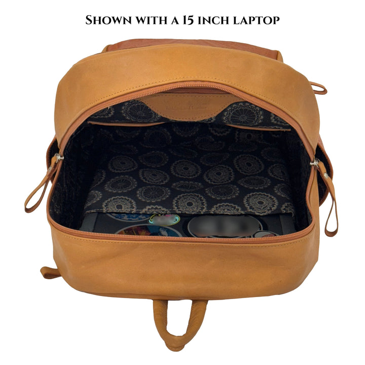Inside view of Classic Travel backpack with hair-on hide in natural tan