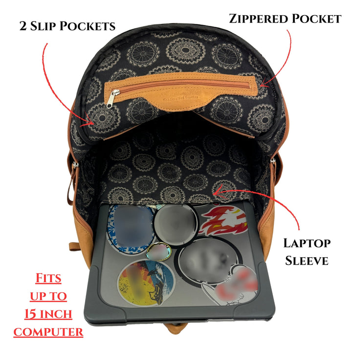 Inside view of Classic Travel backpack with hair-on hide in natural tan shown computer