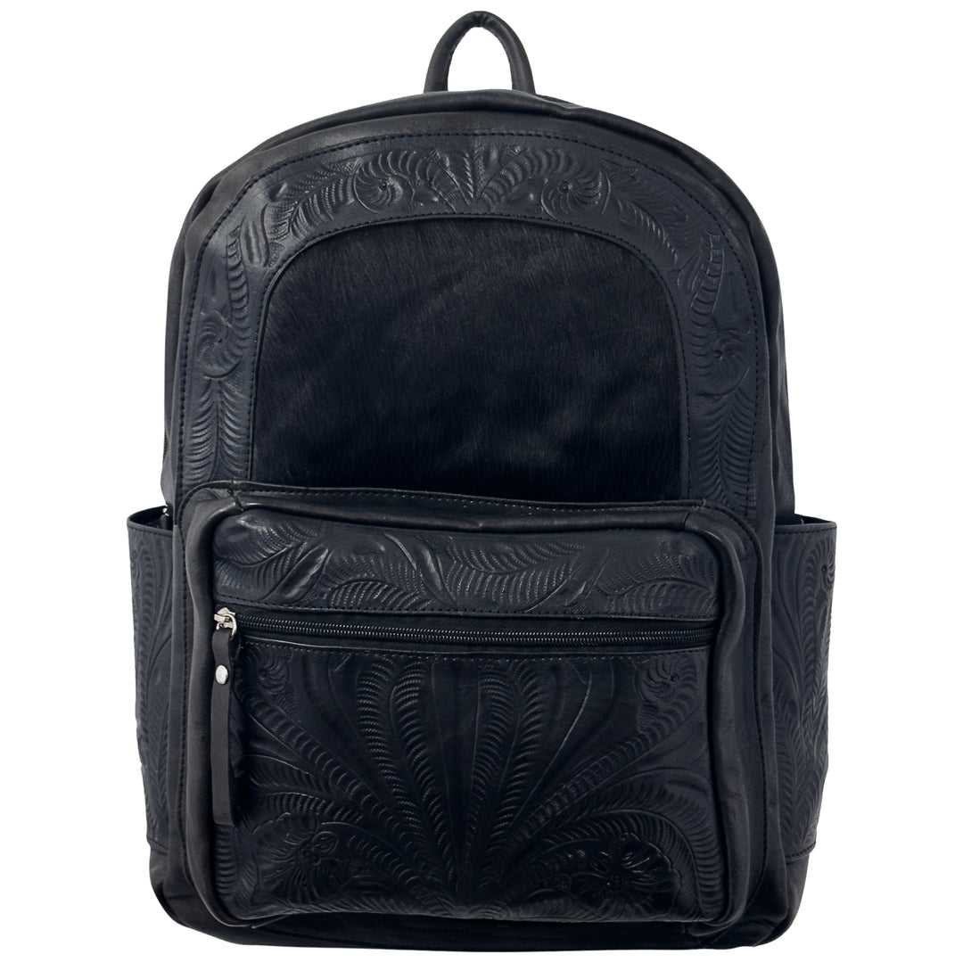 Classic Travel backpack with hair-on hide in black with brindle hair-on hide accent and hand tooled leather trim