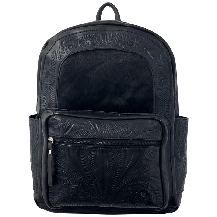 Classic Travel backpack with hair-on hide in black with brindle hair-on hide accent and hand tooled leather trim