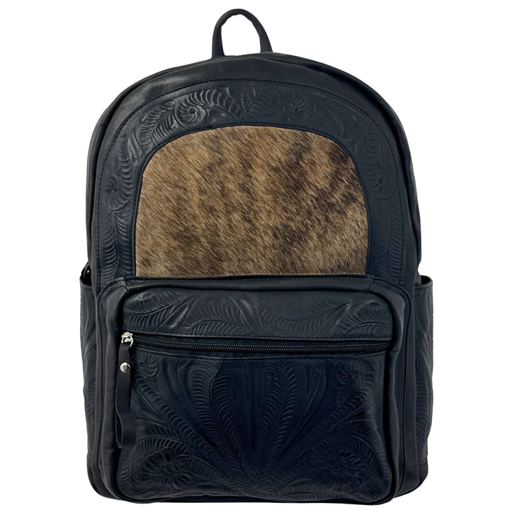 Classic Travel backpack with hair-on hide in black with brindle hair-on hide accent and hand tooled leather trim