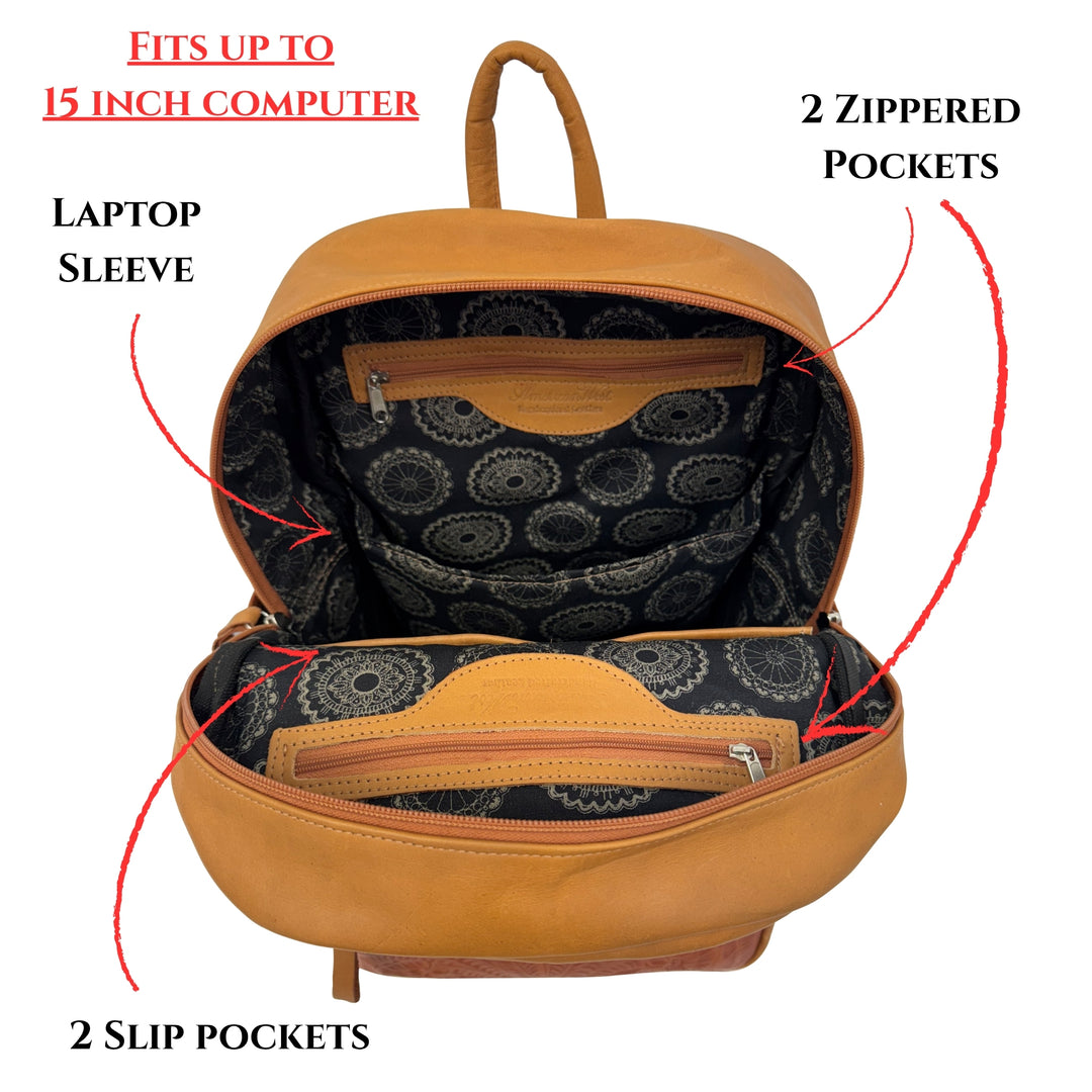 Inside view of Classic Travel backpack with hair-on hide in natural tan