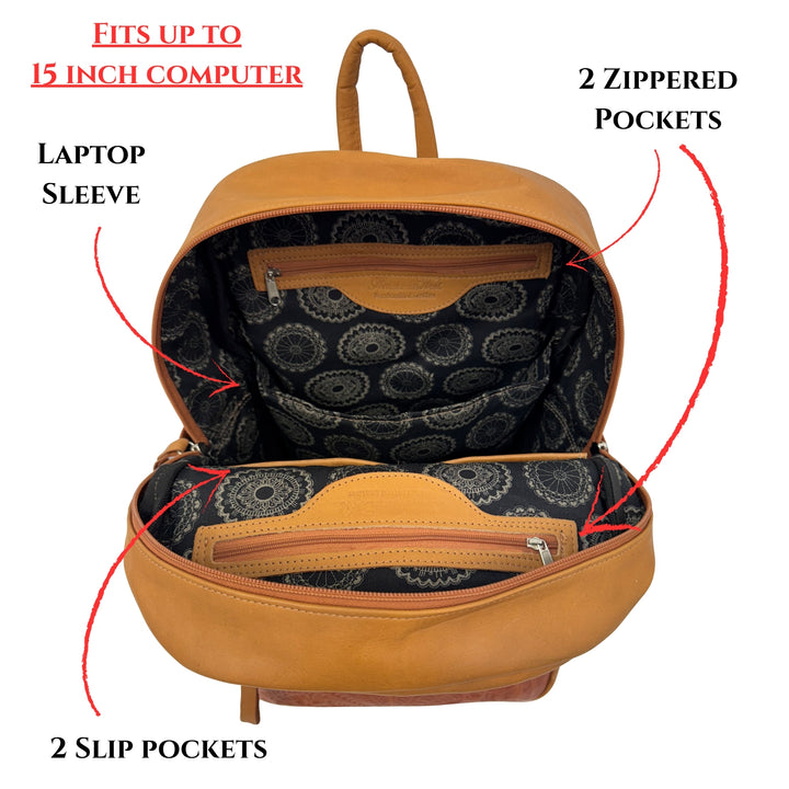 Inside view of Classic Travel backpack with hair-on hide in natural tan