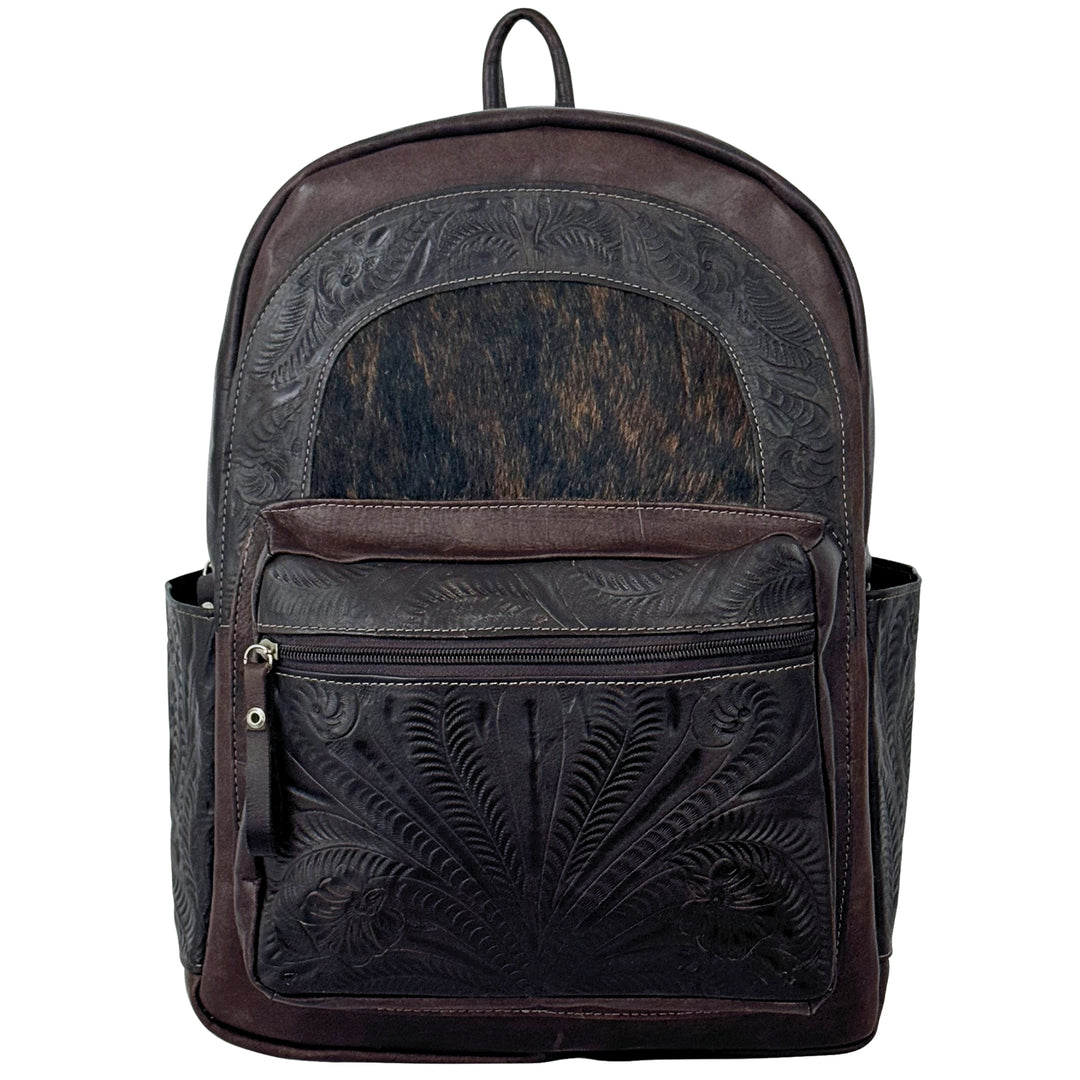 Classic Travel backpack with hair-on hide in dark brown with hair-on hide accent and hand tooled leather trim