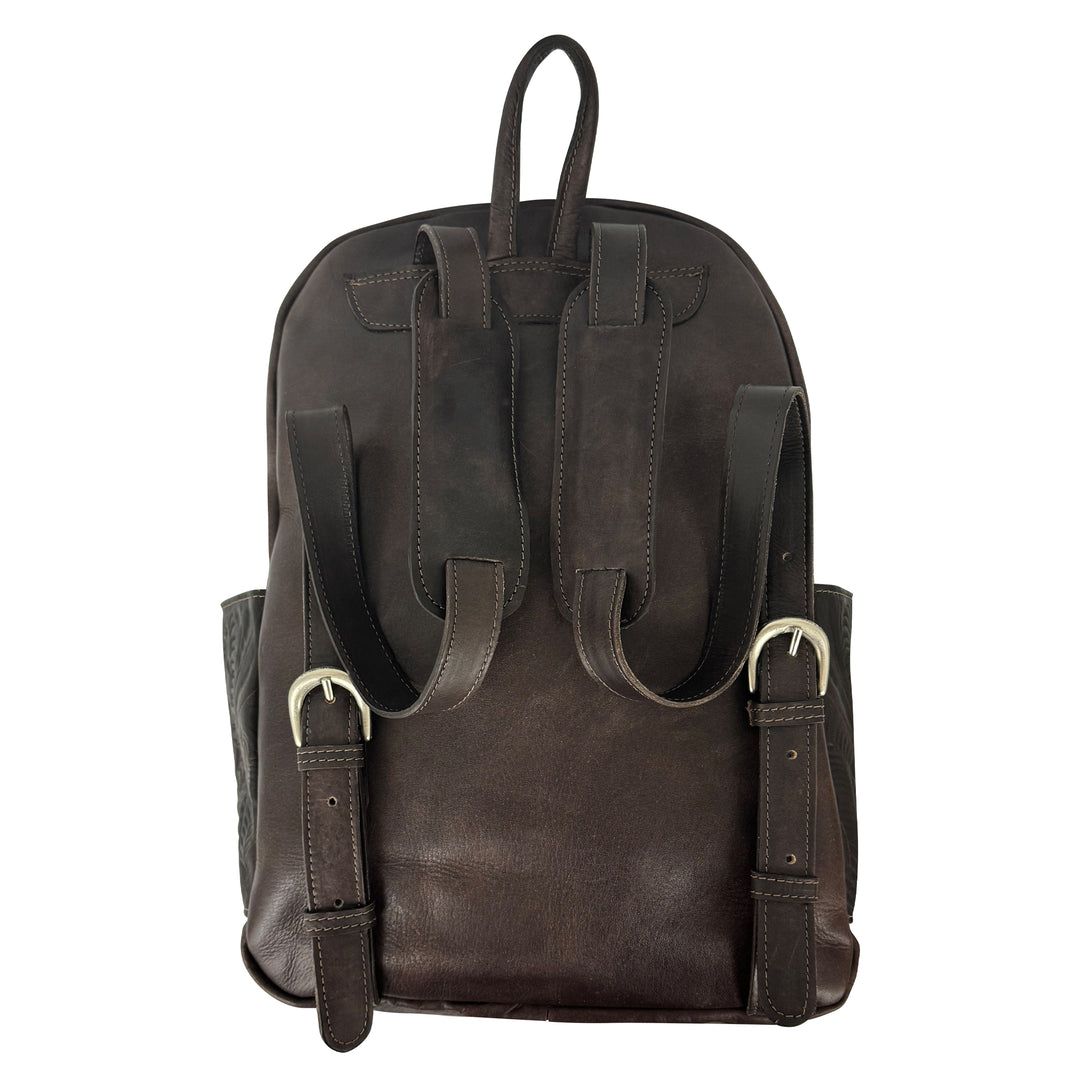 Back view of Classic Travel backpack with hair-on hide in dark brown