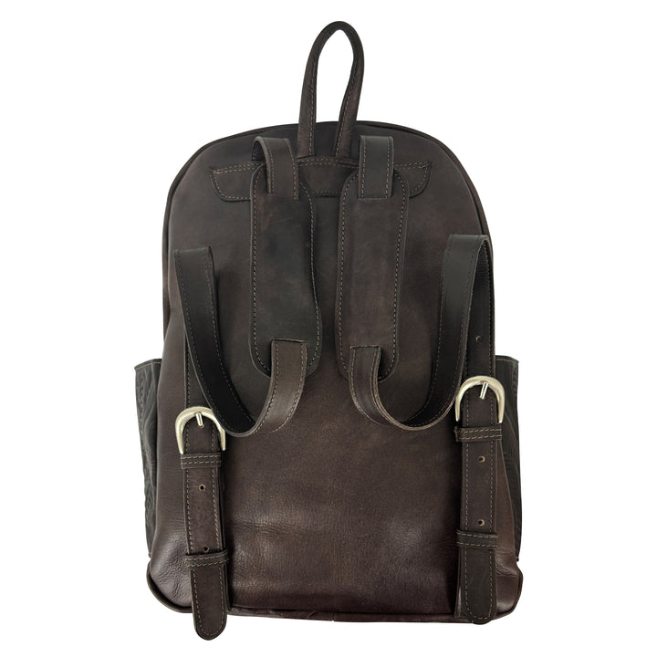 Back view of Classic Travel backpack with hair-on hide in dark brown