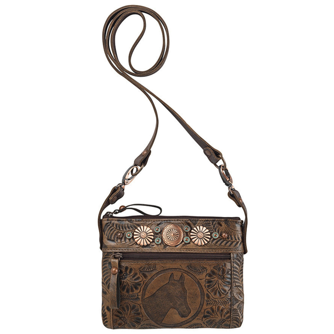 Prairie Horse crossbody/hip bag in distressed charcoal brown with hand tooled leather pattern and horse head