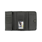 a black leather wallet with multiple card slots and a small photo inside.