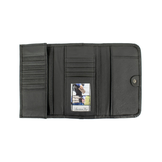 a black leather wallet with multiple card slots and a small photo inside.