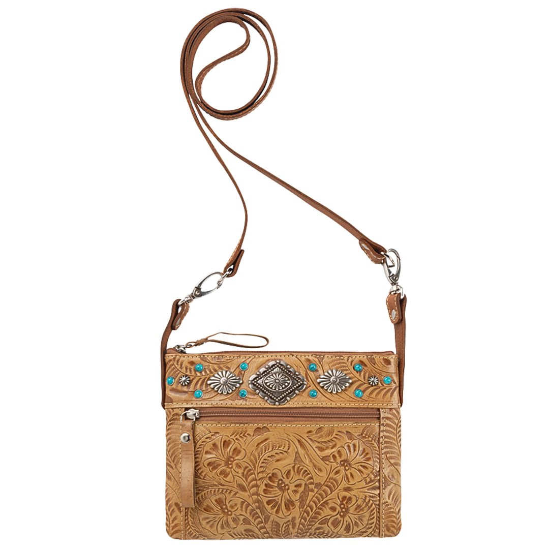 Tuquoise Mesa crossbody/hip bag in light tan with hand tooled leather accents