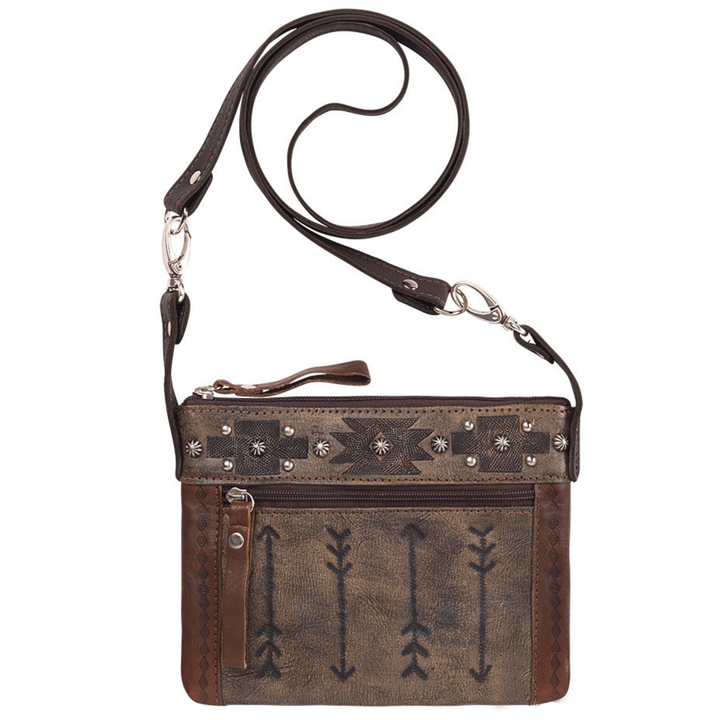 Frontier Arrows crossbody/hip bag in distressed charcoal brown with hand tooled leather accents