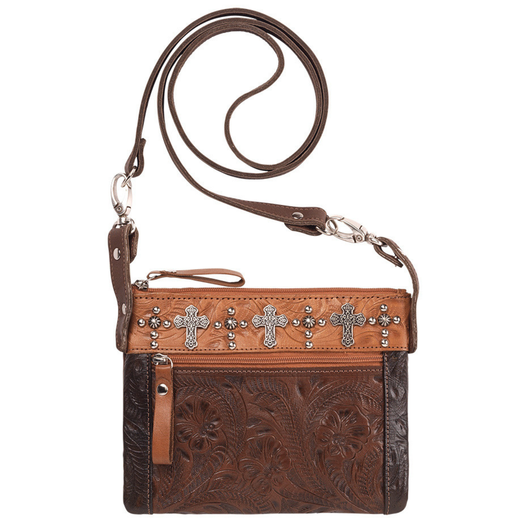 Frontier Cross crossbody/hip bag in dark brown with hand tooled leather accents