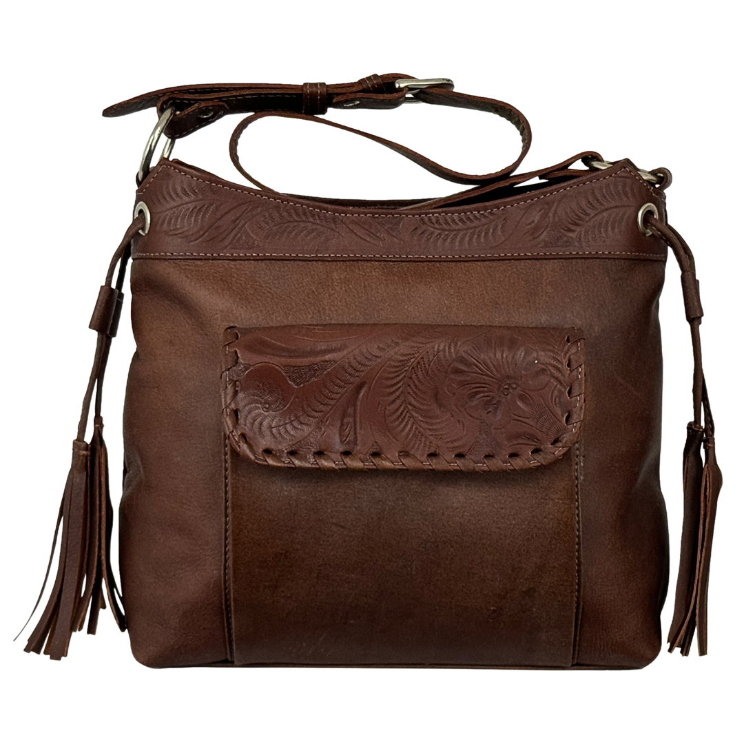 Waxed Leather shoulder bag in dark brown with hand tooled leather accents