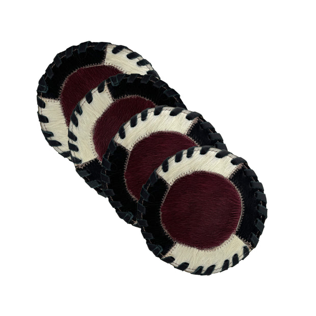 American West at Home Hair-On Hide 5" Round Coaster with Suede Backing - Crimson Center Color