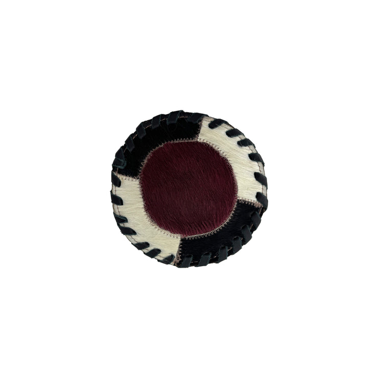 American West at Home Hair-On Hide 5" Round Coaster with Suede Backing - Crimson Center Color