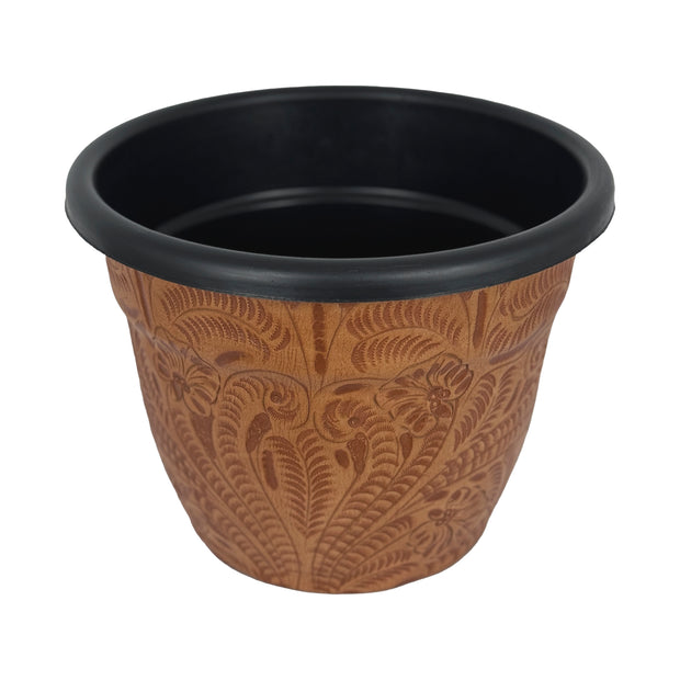 American West at Home 10" Round Planter with Tooled Leather - Large