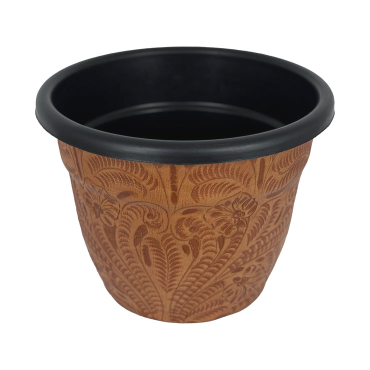American West at Home 10" Round Planter with Tooled Leather - Large