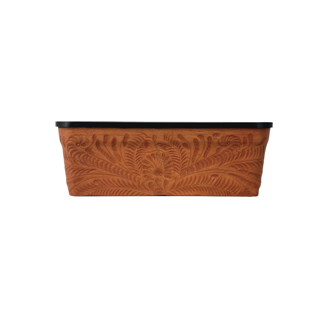American West at Home Leather‑Accented 10" Rectangle Planter with Plastic Insert — Small, Hand‑Tooled Leather