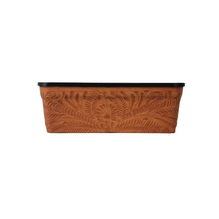 American West at Home Leather‑Accented 10" Rectangle Planter with Plastic Insert — Small, Hand‑Tooled Leather