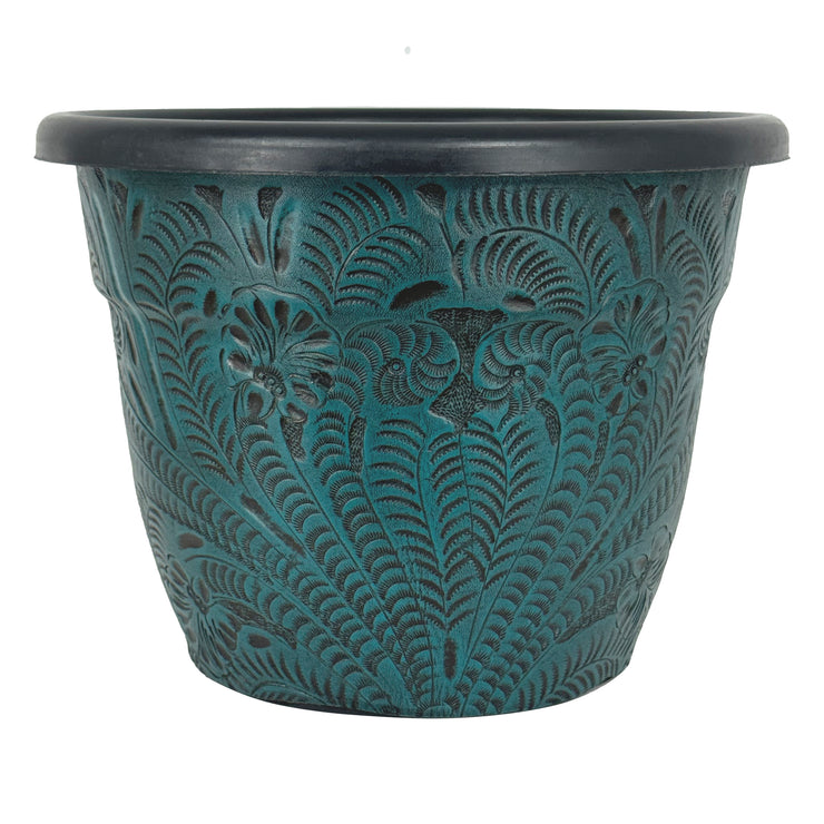 American West at Home 10" Round Planter with Tooled Leather - Large