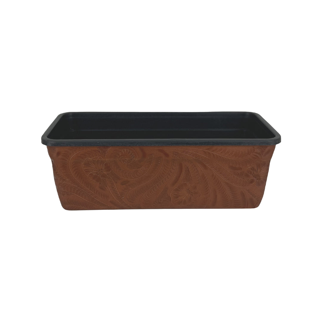 American West at Home Leather‑Accented 10" Rectangle Planter with Plastic Insert — Small, Hand‑Tooled Leather