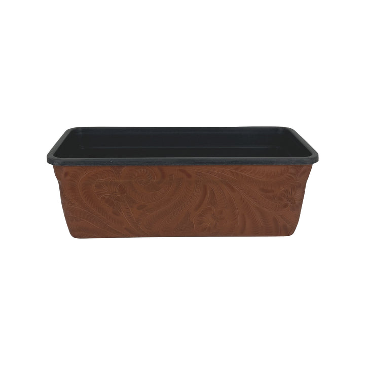 American West at Home Leather‑Accented 10" Rectangle Planter with Plastic Insert — Small, Hand‑Tooled Leather