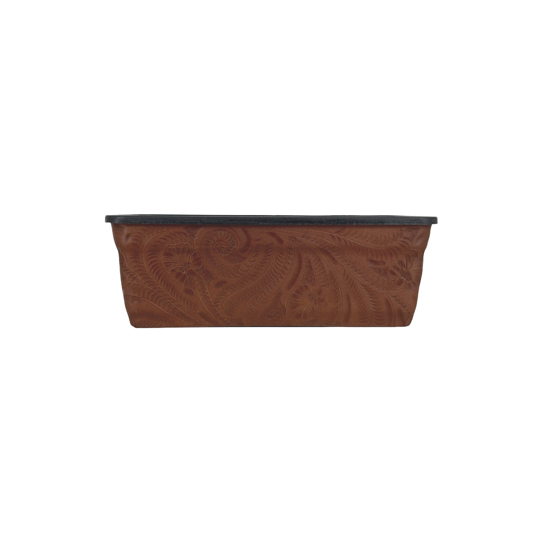 American West at Home Leather‑Accented 10" Rectangle Planter with Plastic Insert — Small, Hand‑Tooled Leather