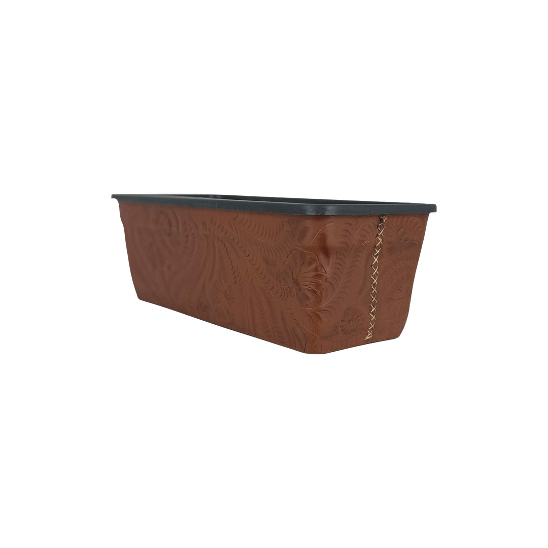 American West at Home Leather‑Accented 10" Rectangle Planter with Plastic Insert — Small, Hand‑Tooled Leather