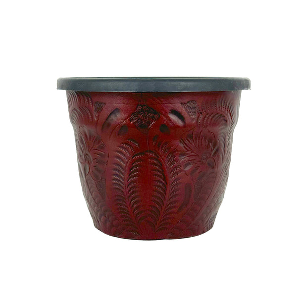 American West at Home 5.5" Round Planter with Tooled Leather - Small