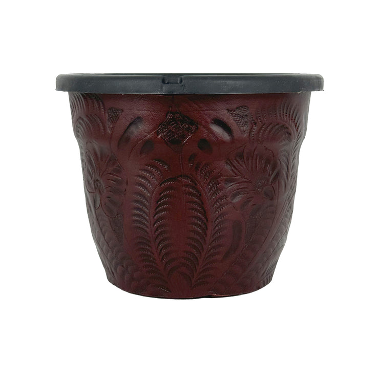 American West at Home 6.5" Round Planter with Tooled Leather - Medium