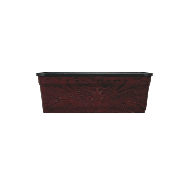 American West at Home Leather‑Accented 10" Rectangle Planter with Plastic Insert — Small, Hand‑Tooled Leather