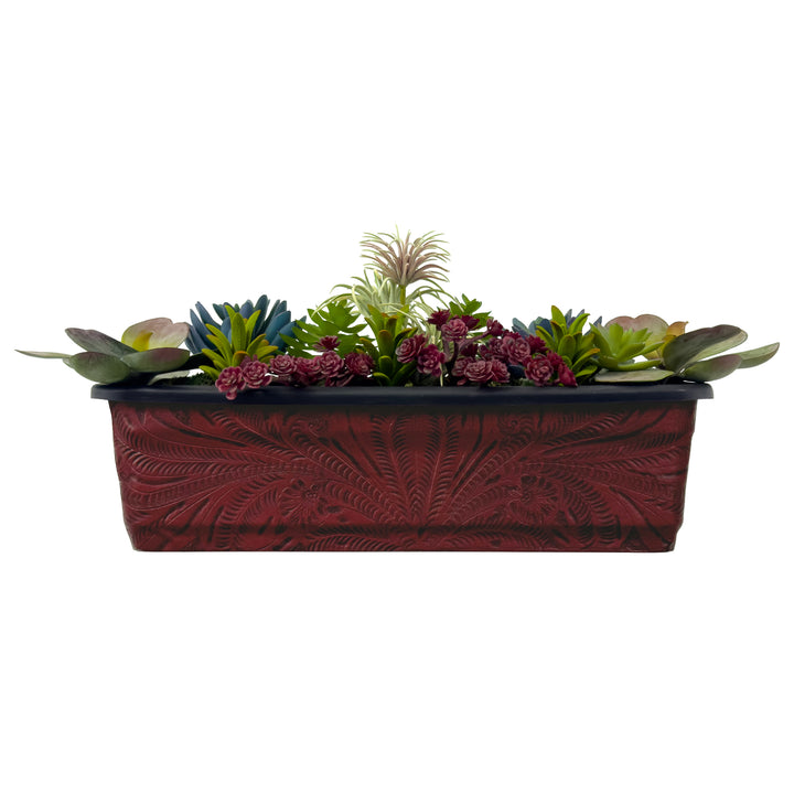American West at Home Leather‑Accented 10" Rectangle Planter with Plastic Insert — Small, Hand‑Tooled Leather