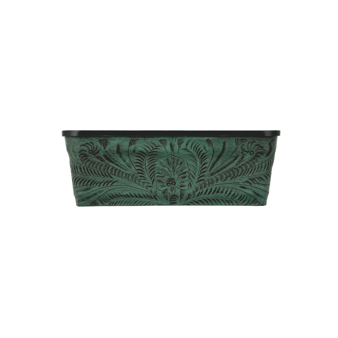 American West at Home Leather‑Accented 10" Rectangle Planter with Plastic Insert — Small, Hand‑Tooled Leather