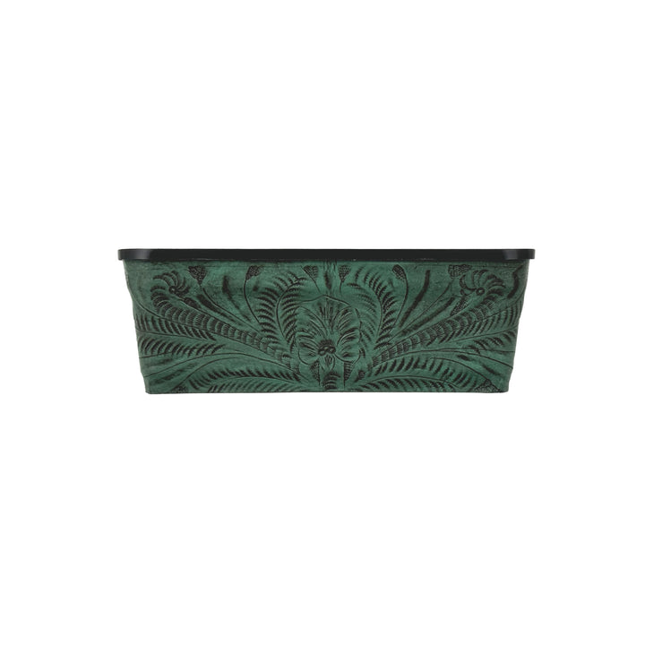 American West at Home Leather‑Accented 10" Rectangle Planter with Plastic Insert — Small, Hand‑Tooled Leather