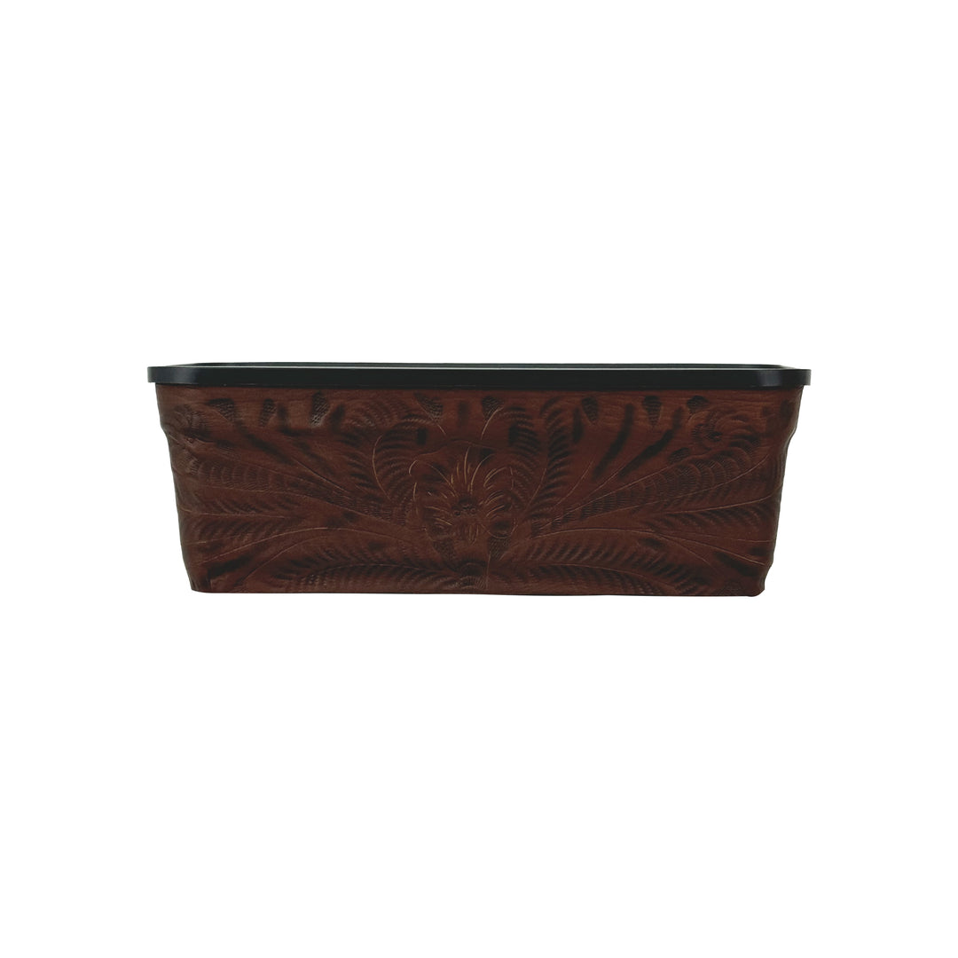 American West at Home Leather‑Accented 10" Rectangle Planter with Plastic Insert — Small, Hand‑Tooled Leather
