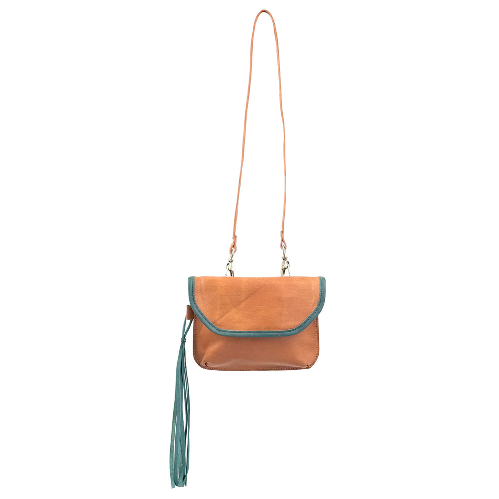 Kid's crossbody/clutch with detachable strap in natural tan with strap attached