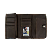a brown leather wallet with multiple compartments and a card slot.