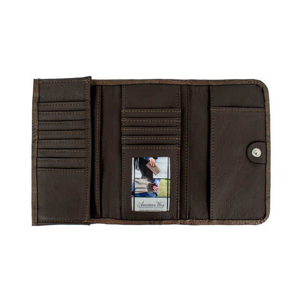 a brown leather wallet with multiple compartments and a card slot.